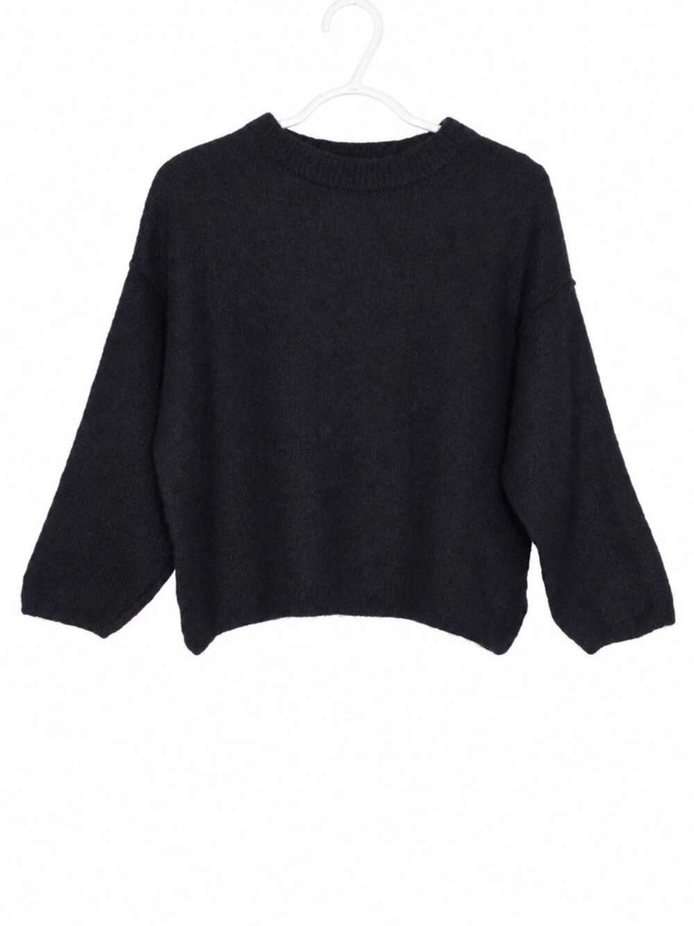 FREE PEOPLE Black Alpaca Blend Fuzzy Knit Boxy Fit Crewneck Sweater Size XS